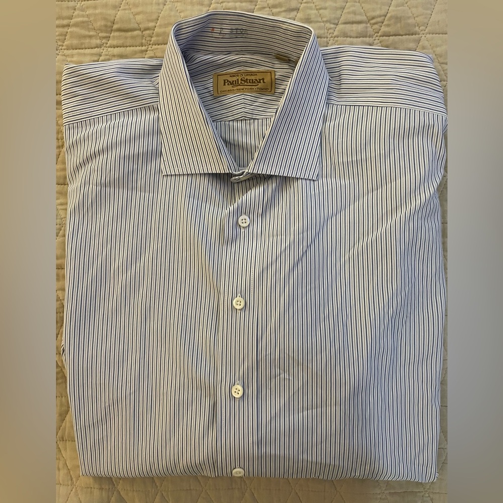Paul Stuart Fine Shirting Stripe‎ Spread Collar French Cuff Shirt 17 1/2-34 $395